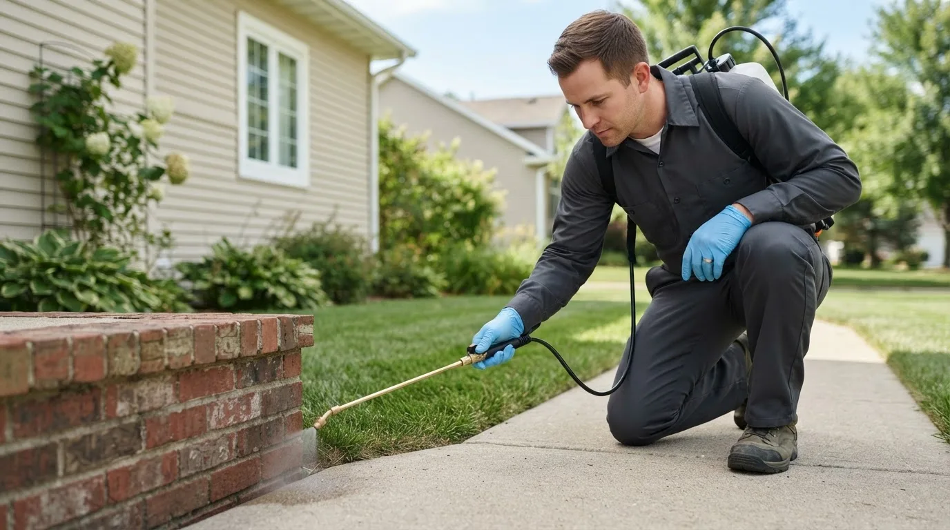 Pest control technician treating a home near Roann, IN